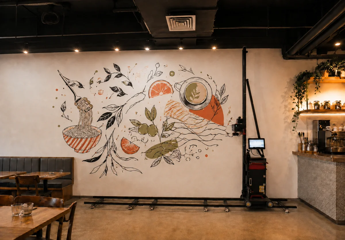 Kafe ortamında yiyecek desenli duvar baskısı ve duvar baskı makinesi