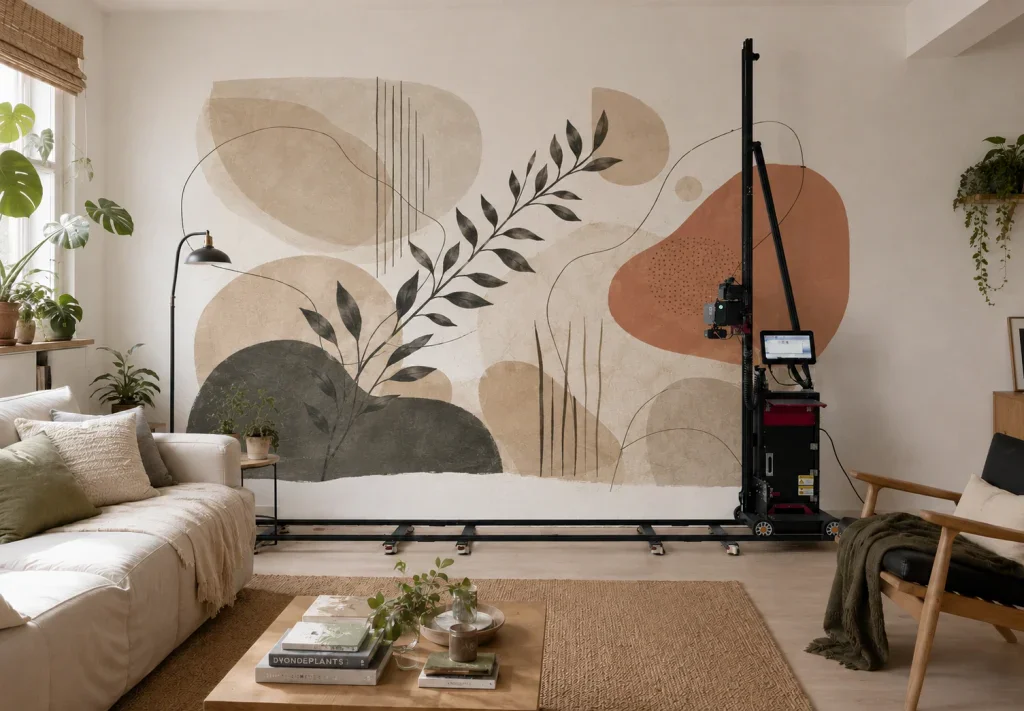 Yaprak ve soyut desenli salon duvarı ile duvar baskı makinesi