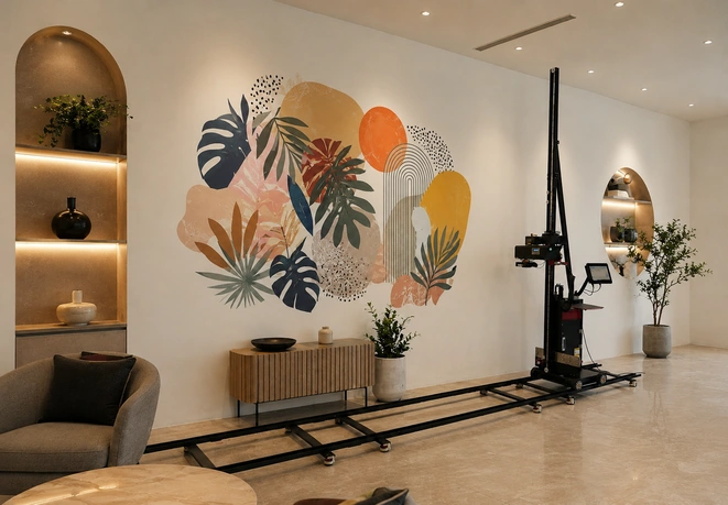 Colourful botanical wall design and a wall printing machine in a lobby